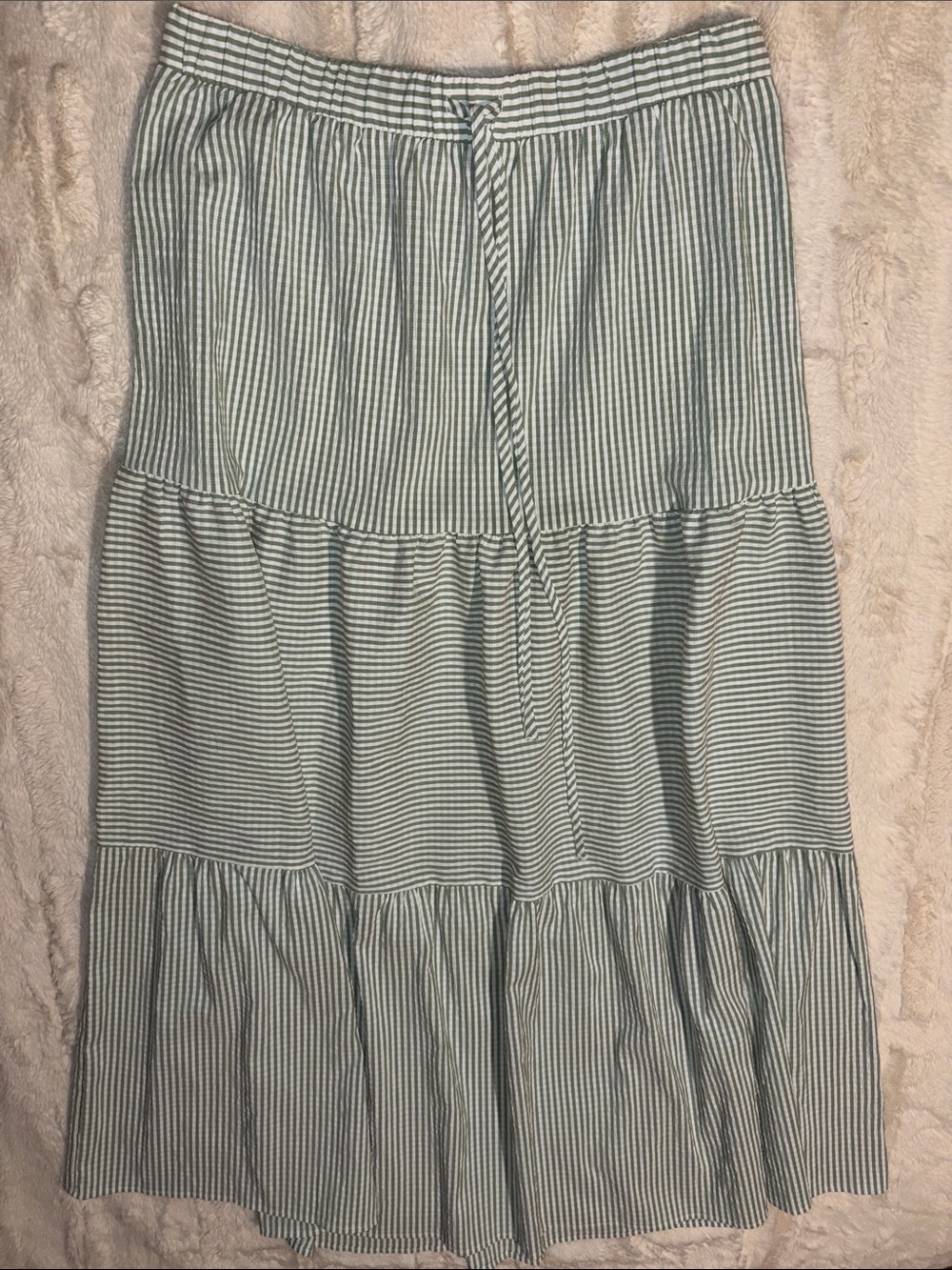 New- Striped Tiered Maxi Skirt in Light Green and White Sz L